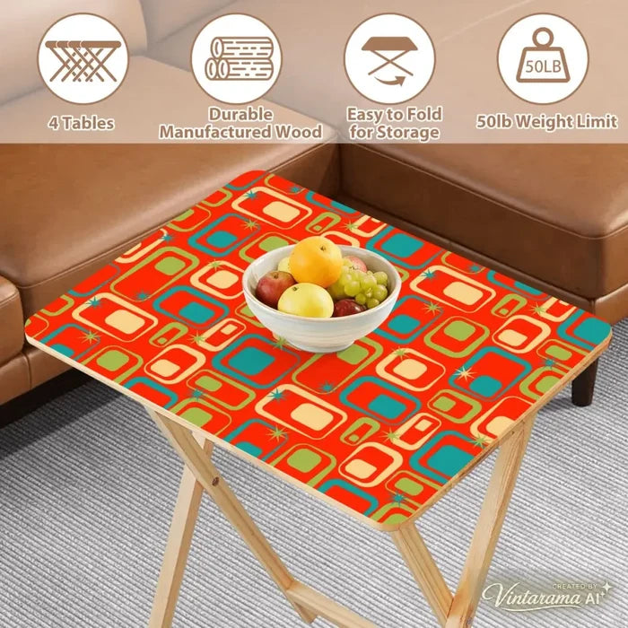 Midcentury TV Tray 4 Tables Set with Rack – Foldable Wooden Snack Tables - 4 Pack - retro tv tray