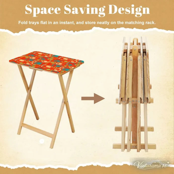 Midcentury TV Tray 4 Tables Set with Rack – Foldable Wooden Snack Tables - 4 Pack - retro tv tray