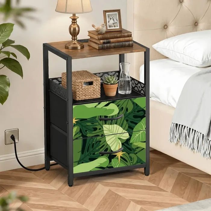 Monstera Leaf Print Nightstand with Built-In Power & Retro Front - retro bedside table