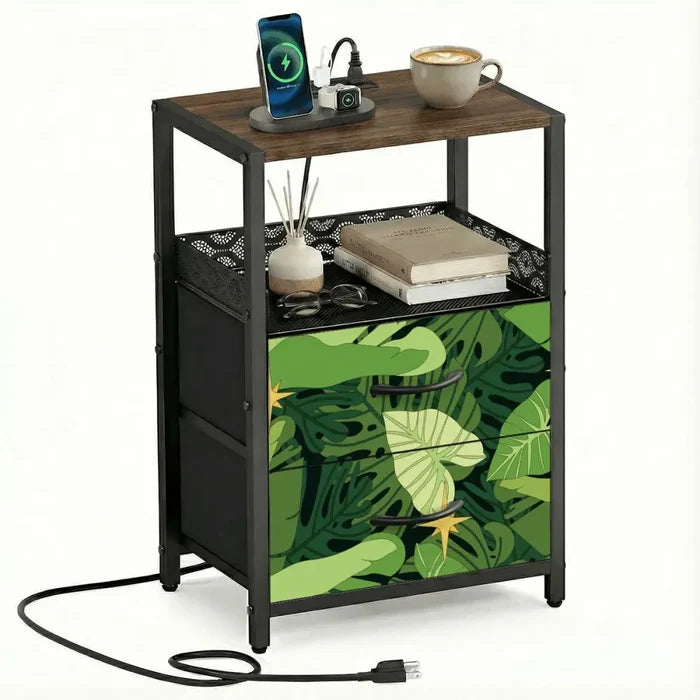 Monstera Leaf Print Nightstand with Built-In Power & Retro Front - retro bedside table