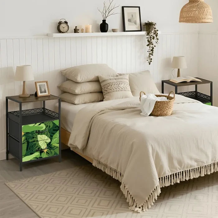 Monstera Leaf Print Nightstand with Built-In Power & Retro Front - retro bedside table