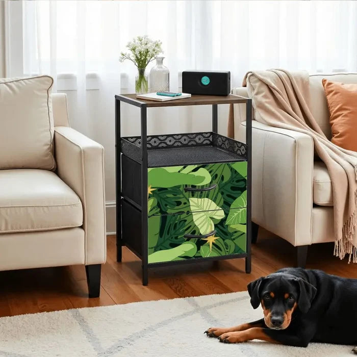 Monstera Leaf Print Nightstand with Built-In Power & Retro Front - retro bedside table