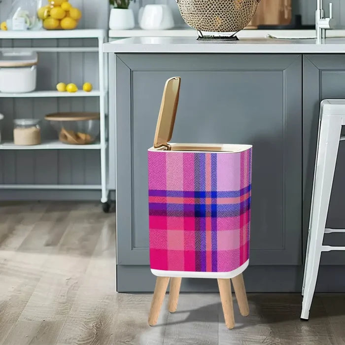 Nordic Square Small Trash Can with Lid Tartan Check Fabric Blue Pink Red - One Size - retro tash cans