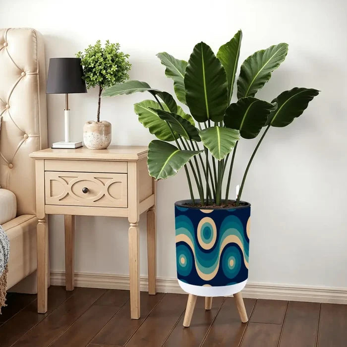 Nordic Style Plant Pot with Wooden Legs - Blue Beige Retro 60s - retro plant pot