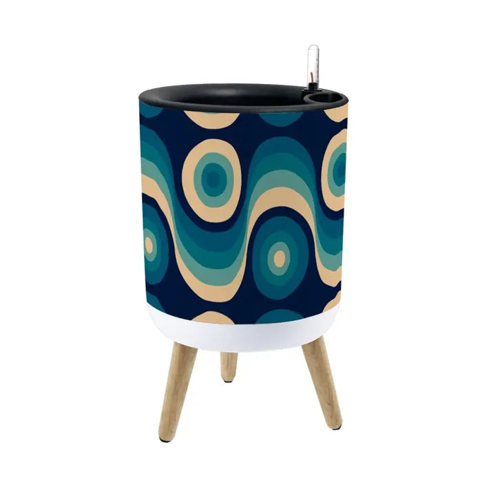 Nordic Style Plant Pot with Wooden Legs - Blue Beige Retro 60s - retro plant pot