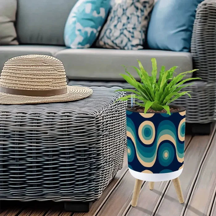 Nordic Style Plant Pot with Wooden Legs - Blue Beige Retro 60s - retro plant pot