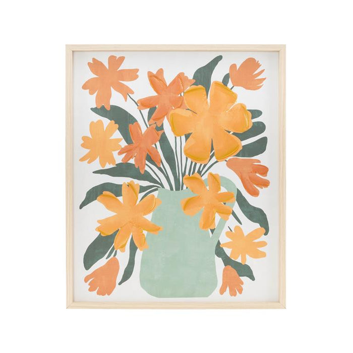 Orange Canvas Floral Living Room Framed Wall Art with Green Leaves and Vase