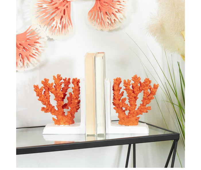 ORANGE POLYSTONE CORAL TEXTURED BOOKENDS WITH CREAM BASE