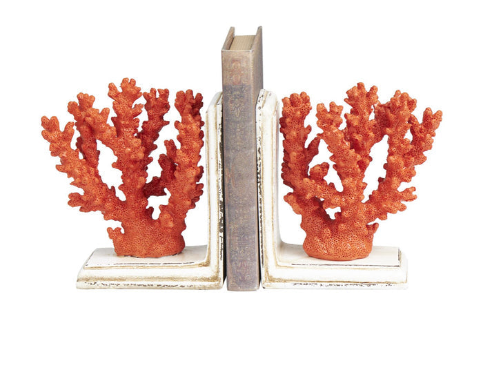 ORANGE POLYSTONE CORAL TEXTURED BOOKENDS WITH CREAM BASE