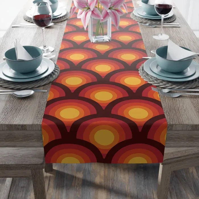 Orange Red Peacock Eye Midcentury Retro 70s Table Runner in 2 Sizes - retro table linen