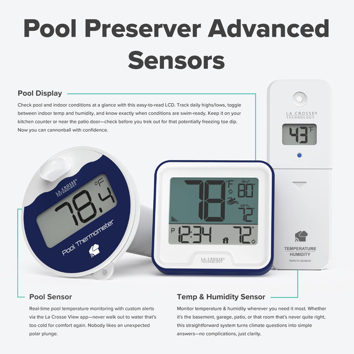 Pool Preserver Advanced Sensors text headline on an image of the Pool Preserver alert and monitoring system sensors. The image includes text callouts highlighting the features of the pool sensor, the indoor pool display, and the temperature and humidity sensor.