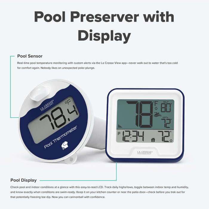 Pool Preserver with Display text headline on an image of the Pool Preserver alert and monitoring system sensors. The image includes text callouts highlighting the features of the pool sensor and the indoor pool display.