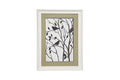 RECTANGULAR WHITE BIRD ILLUSTRATION PRINT IN WHITE FRAME W/ OLIVE GREEN MAT BOARD,