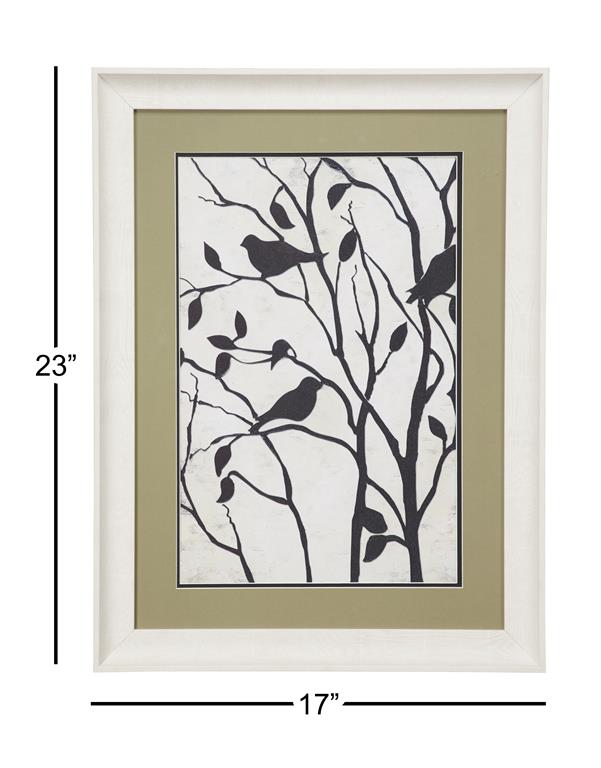 RECTANGULAR WHITE BIRD ILLUSTRATION PRINT IN WHITE FRAME W/ OLIVE GREEN MAT BOARD,