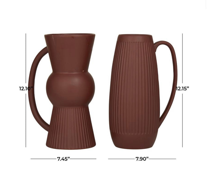 RED CERAMIC RIBBED VASE WITH HANDLES