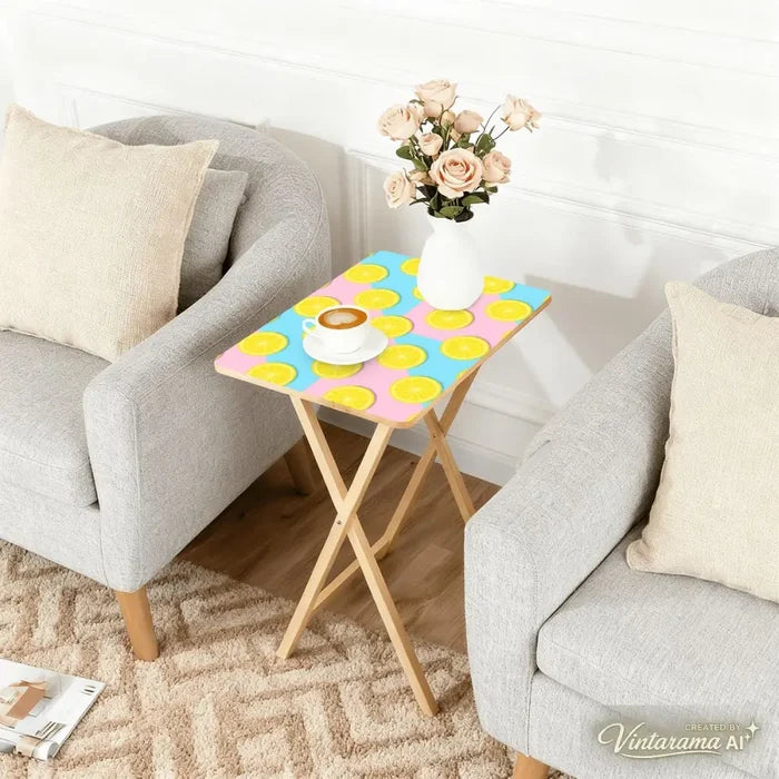 Retro 50s Pastel Lemon Wooden TV Tray Tables - Set of 4 with Stand - 4 Pack - retro tv tray