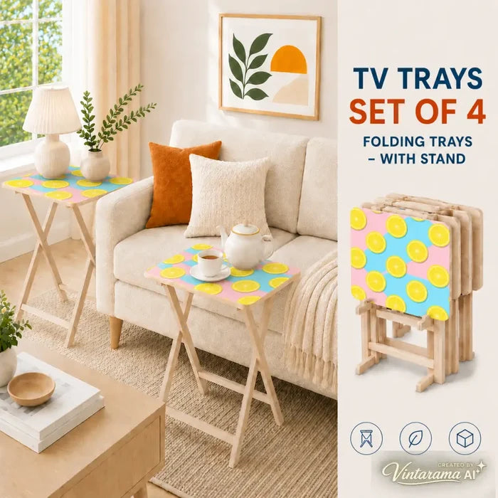 Retro 50s Pastel Lemon Wooden TV Tray Tables - Set of 4 with Stand - 4 Pack - retro tv tray