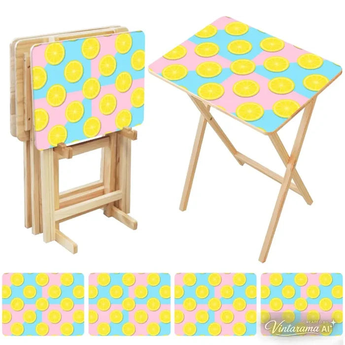 Retro 50s Pastel Lemon Wooden TV Tray Tables - Set of 4 with Stand - 4 Pack - retro tv tray