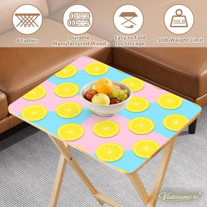 Retro 50s Pastel Lemon Wooden TV Tray Tables - Set of 4 with Stand - 4 Pack - retro tv tray