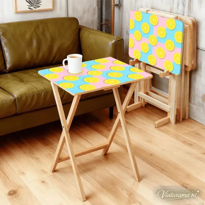 Retro 50s Pastel Lemon Wooden TV Tray Tables - Set of 4 with Stand - 4 Pack - retro tv tray