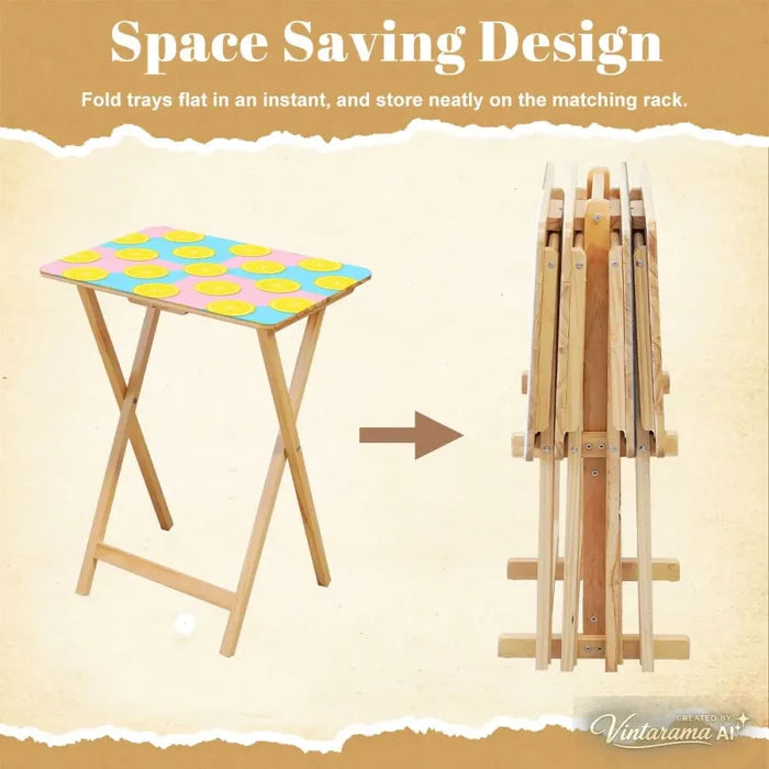 Retro 50s Pastel Lemon Wooden TV Tray Tables - Set of 4 with Stand - 4 Pack - retro tv tray