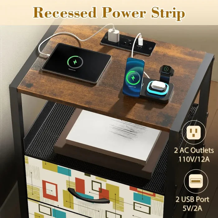 Retro 60s Accent Side Table - Nightstand with Built-In Charging Station - retro bedside table