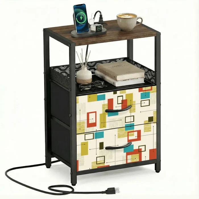 Retro 60s Accent Side Table - Nightstand with Built-In Charging Station - retro bedside table
