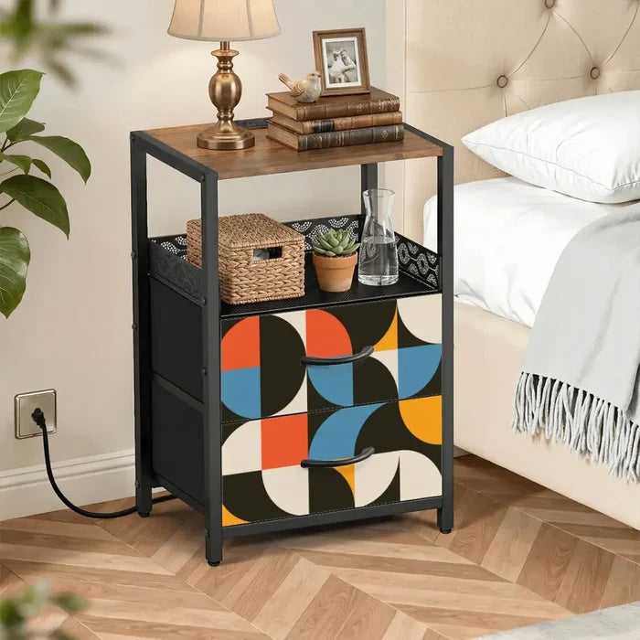 Retro 60s Bedside Table - Cabinet with Charging Station & Drawers - retro bedside table