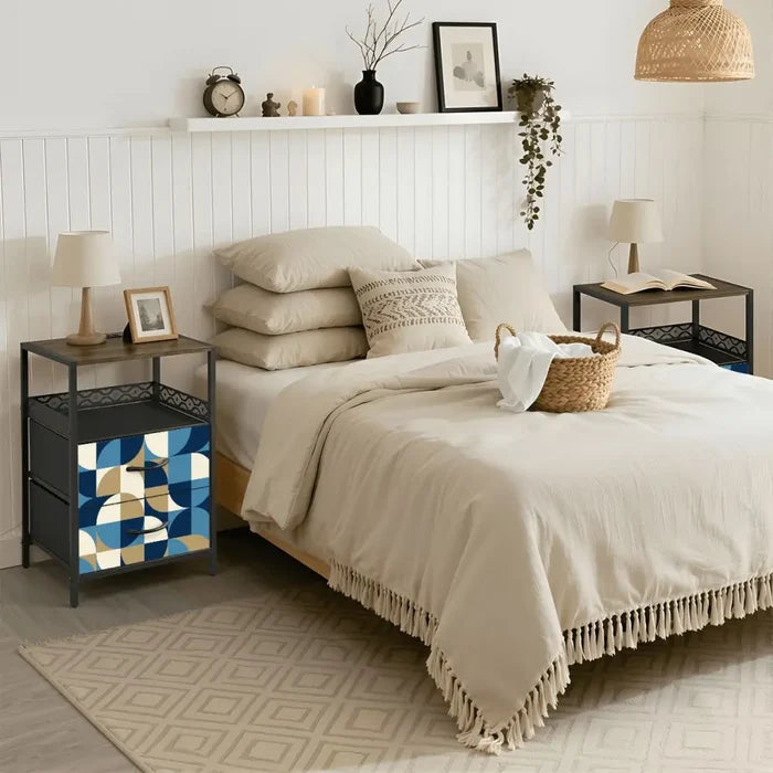 Retro 60s Geometric Bedside Table with Charging Station & Storage - retro bedside table
