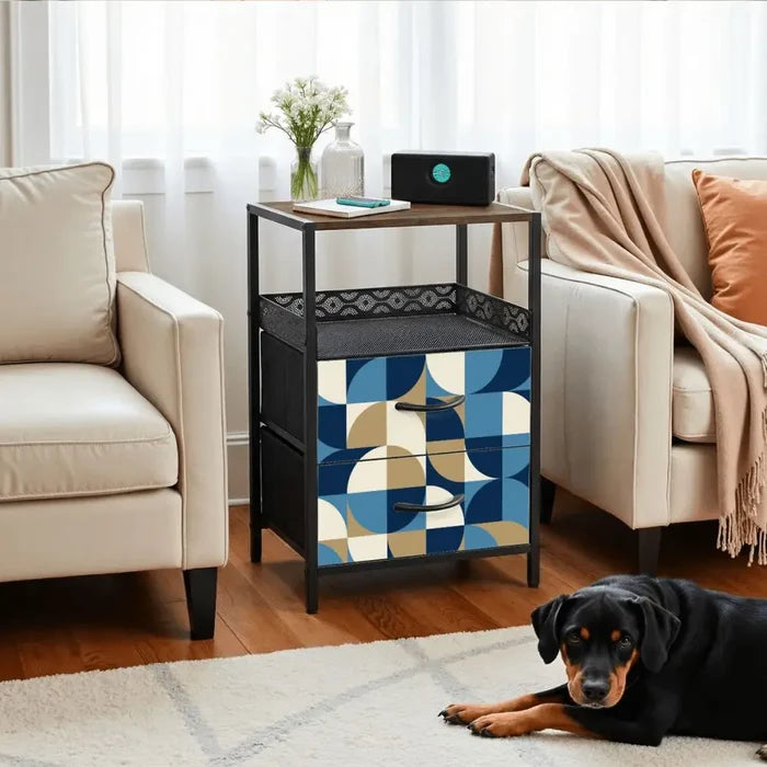 Retro 60s Geometric Bedside Table with Charging Station & Storage - retro bedside table