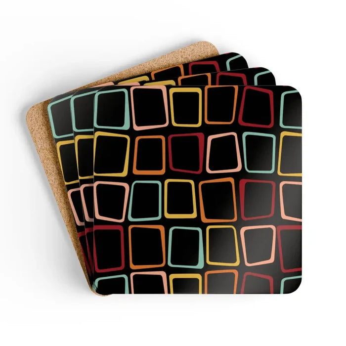 Retro 60s Geometric Cork Coaster Set Drinkware Accessory Gift Eco-Friendly - retro table linen