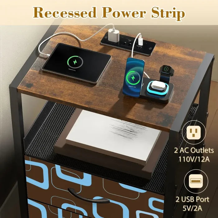 Retro 60s Midcentury Modern Bedside Table with Power Strip & 2 Drawers - retro bedside table
