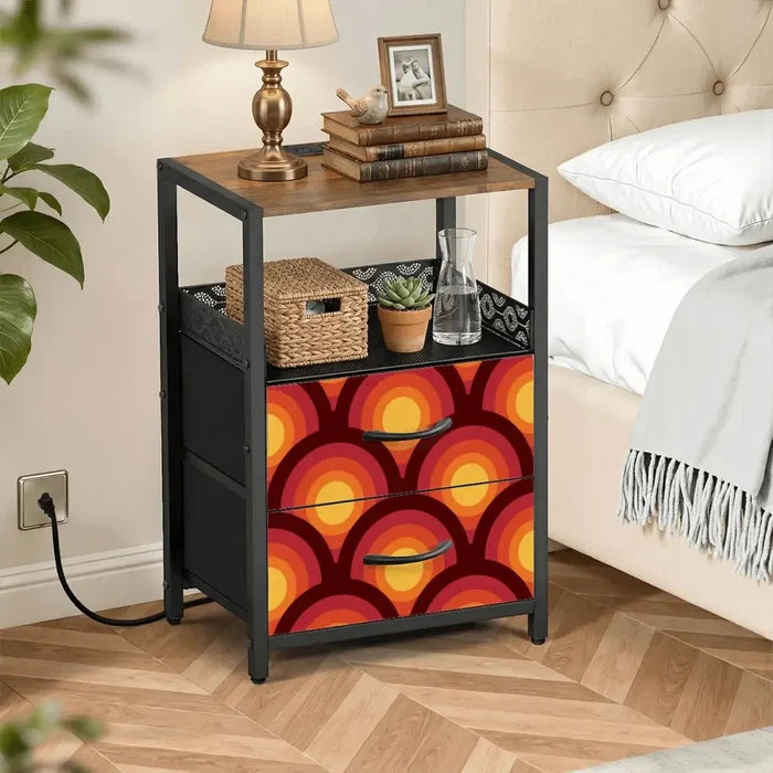 Retro 70s Accent Side Table - Nightstand with Built-In Charging Station - retro ads