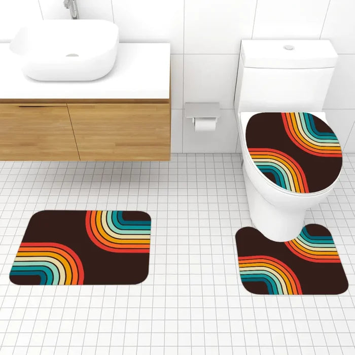 Retro 70s Black Rainbow Bathroom Mat Set | Retro Midcentury 3-Piece Rugs - retro bathroom