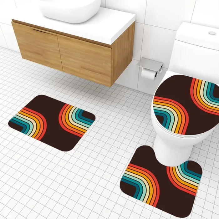 Retro 70s Black Rainbow Bathroom Mat Set | Retro Midcentury 3-Piece Rugs - retro bathroom