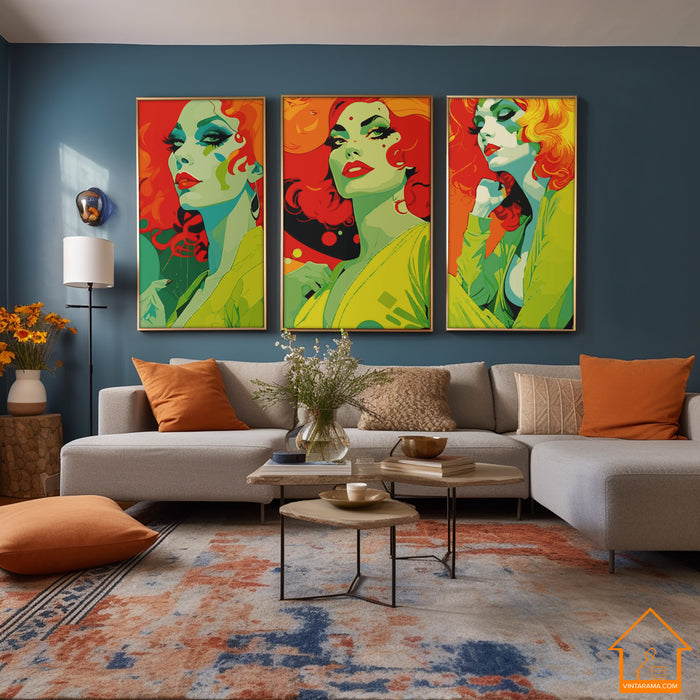 RETRO 70s CANVAS PRINT Midcentury Funky Woman Portret Orange Yellow Green