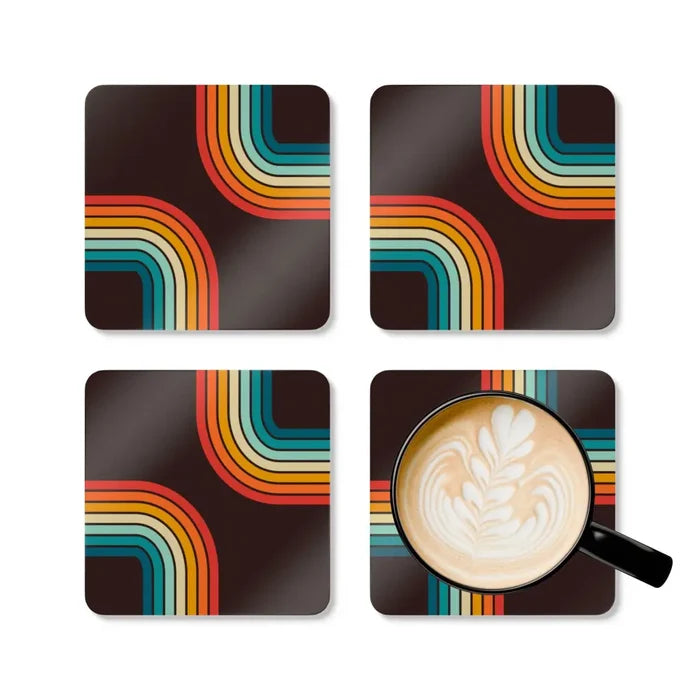 Retro 70s Corkwood Coaster Set | Black Rainbow Midcentury Home Decor - retro coaster