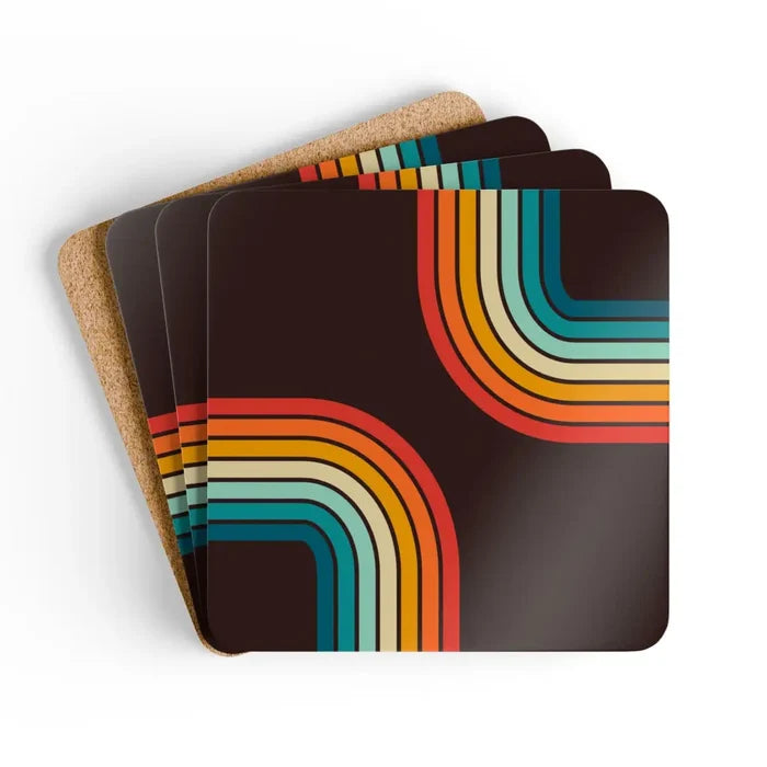 Retro 70s Corkwood Coaster Set | Black Rainbow Midcentury Home Decor - retro coaster