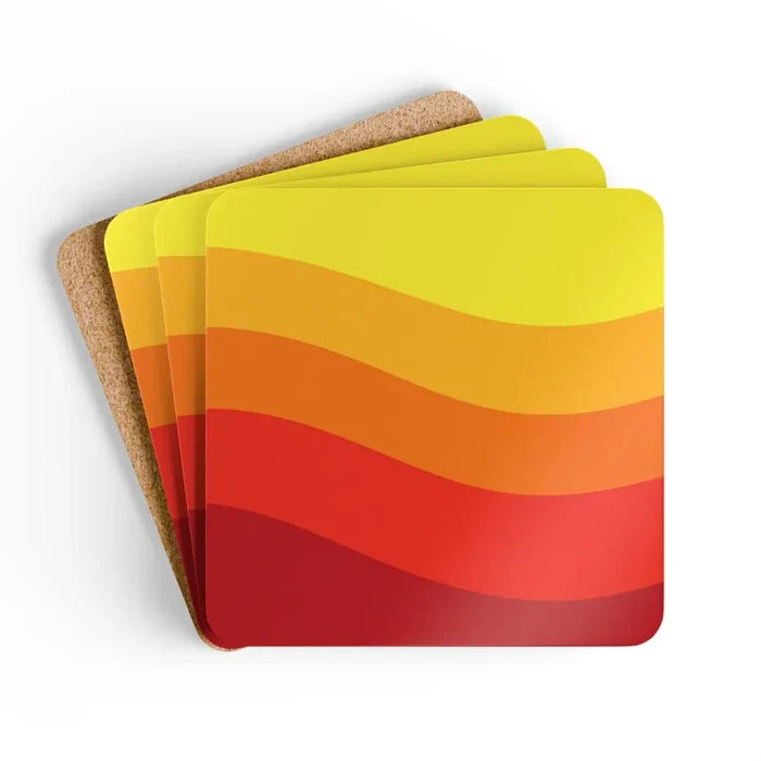 Retro 70s Corkwood Coaster Set | Midcentury Home Decor Orange Red - retro coaster