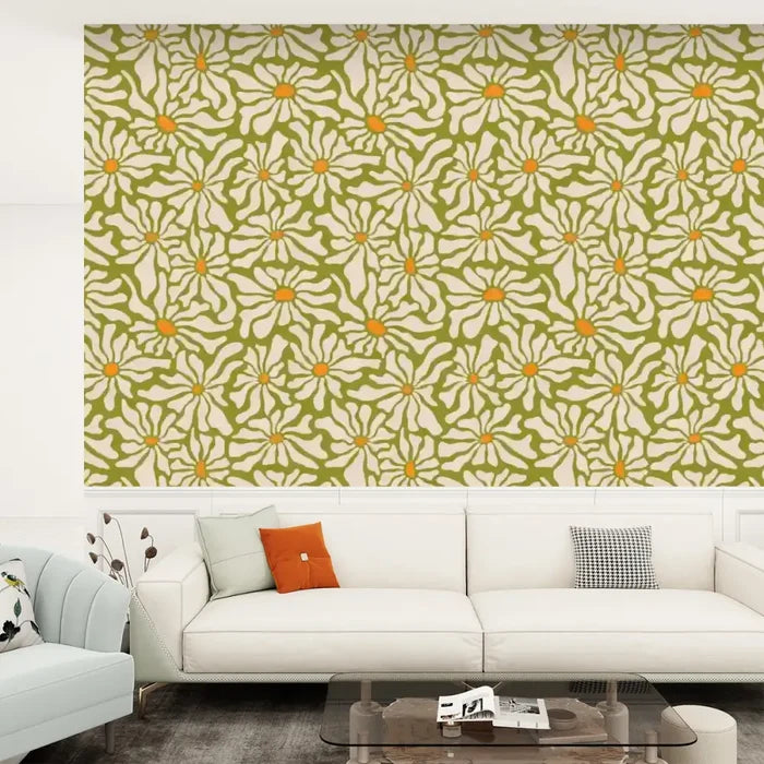 Retro 70s Daisy Stick & Peel Wallpaper: Floral Midcentury Removable Mural - 144’’x100’’ - retro wallpaper