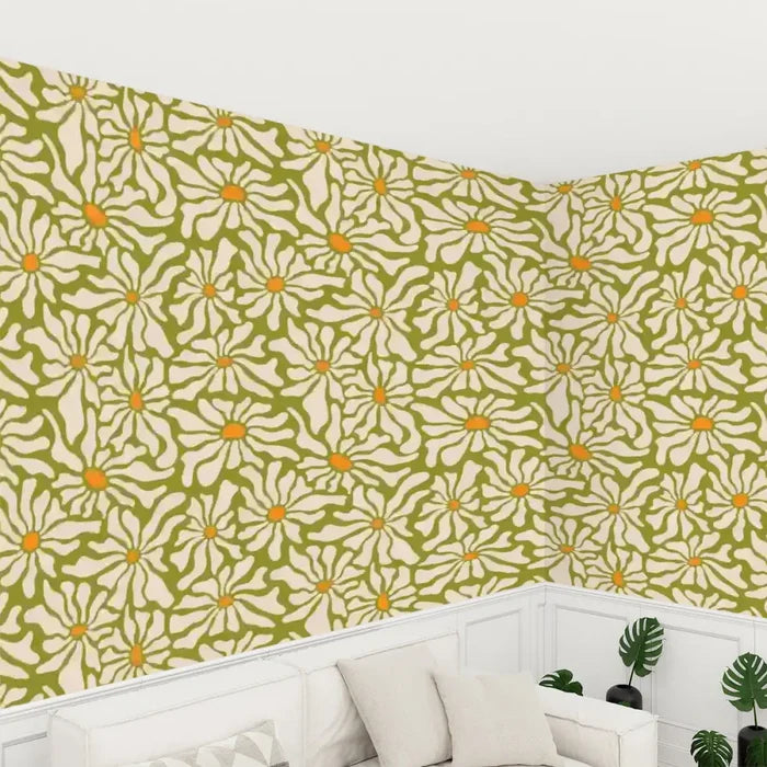 Retro 70s Daisy Stick & Peel Wallpaper: Floral Midcentury Removable Mural - 144’’x100’’ - retro wallpaper