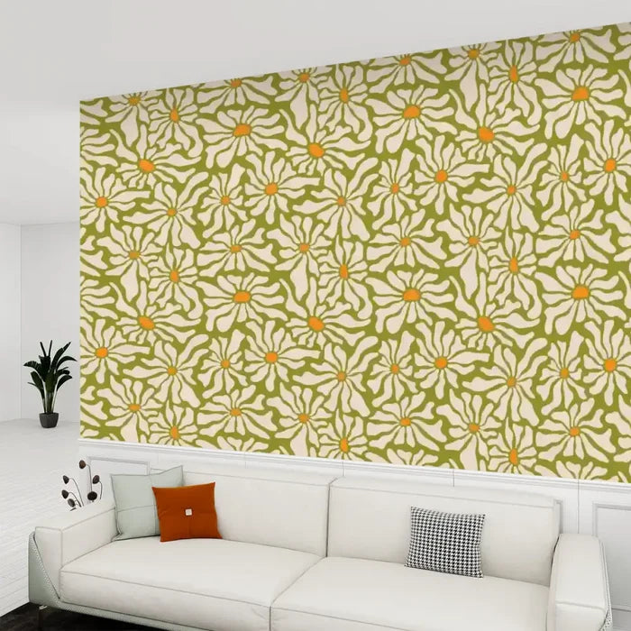 Retro 70s Daisy Stick & Peel Wallpaper: Floral Midcentury Removable Mural - 144’’x100’’ - retro wallpaper