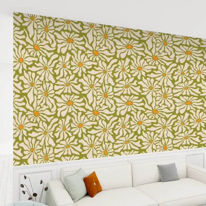 Retro 70s Daisy Stick & Peel Wallpaper: Floral Midcentury Removable Mural - 144’’x100’’ - retro wallpaper