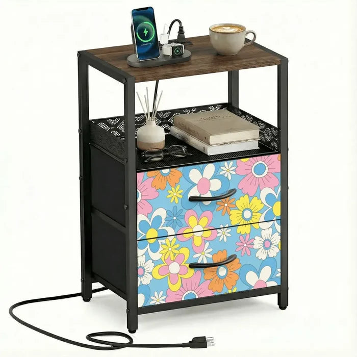 Retro 70s Floral Bedside Cabinet with Integrated Power Access - retro bedside table