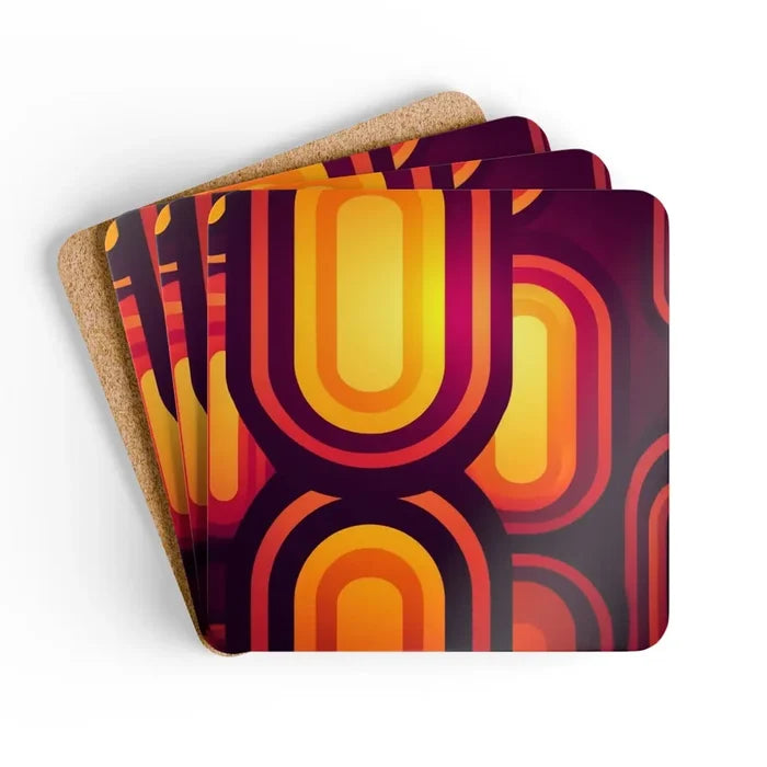 Retro 70s Midcentury Corkwood Coaster Set Eco Cork Drinkware Gift - retro table linen
