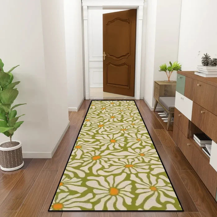 Retro 70s Midcentury Daisy Runner Rug | Multiple Sizes Non-Slip Polyester - 24’’x72’’ - retro runner