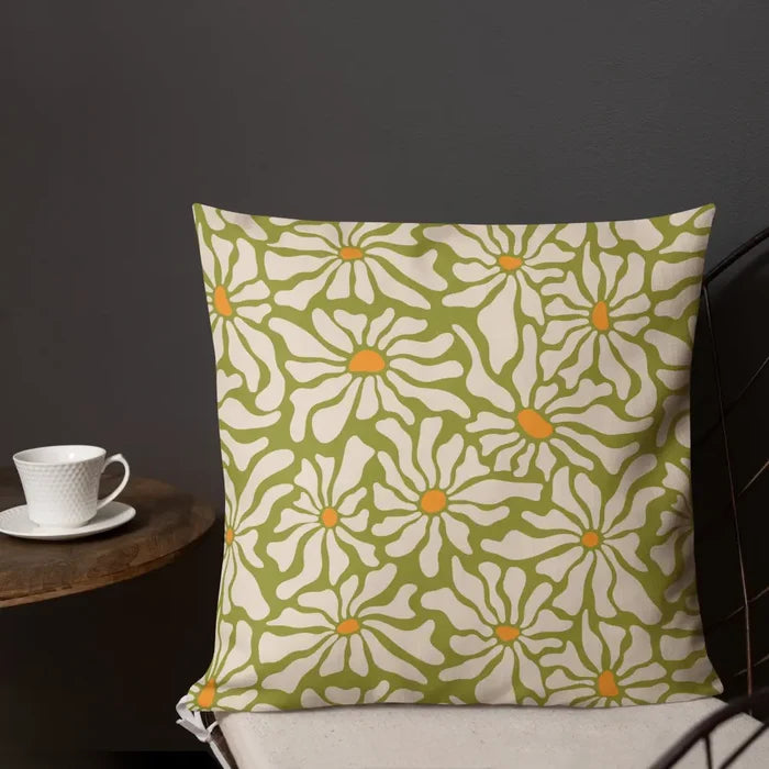 RETRO 70s Midcentury Green White Orange DAISY Premium PILLOW Hippie Boho Floral - retro pillow