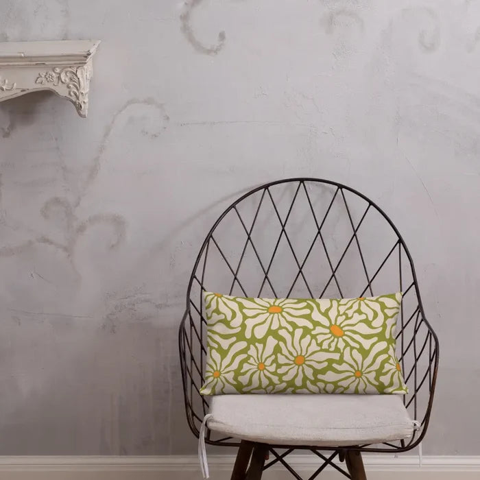 RETRO 70s Midcentury Green White Orange DAISY Premium PILLOW Hippie Boho Floral - retro pillow