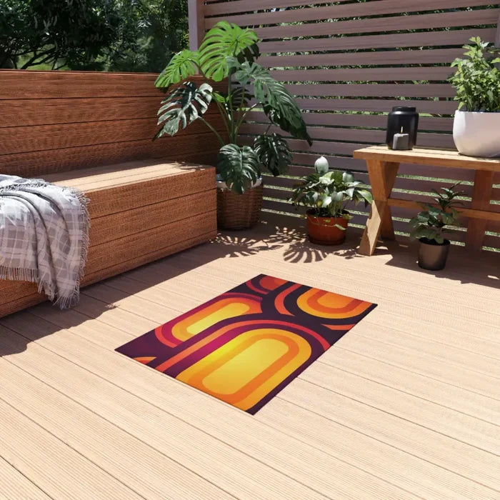 RETRO 70s Midcentury OUTDOOR RUG Orange Yellow Burgundy Non Slip 4 Sizes - retro rug