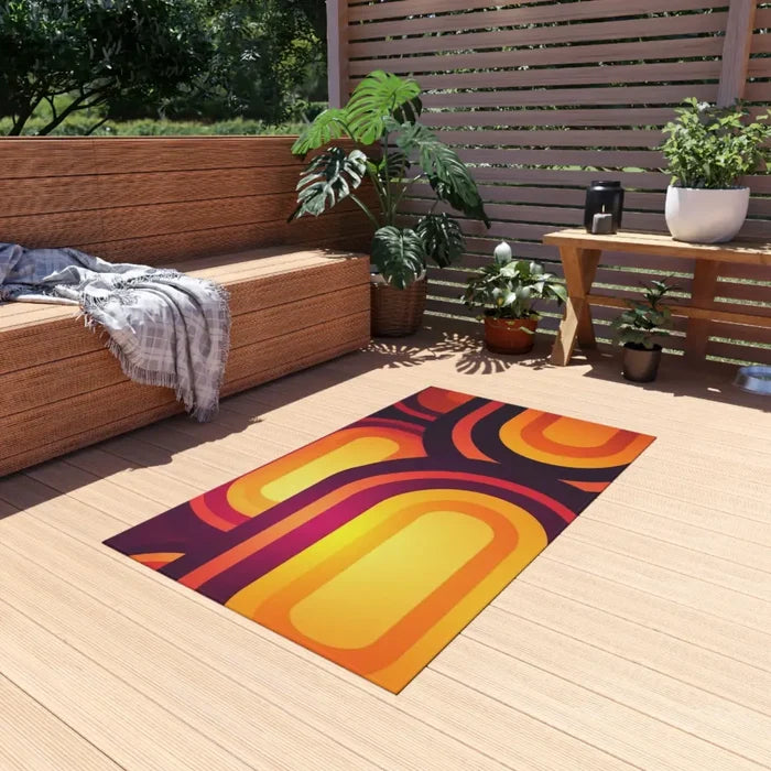 RETRO 70s Midcentury OUTDOOR RUG Orange Yellow Burgundy Non Slip 4 Sizes - retro rug